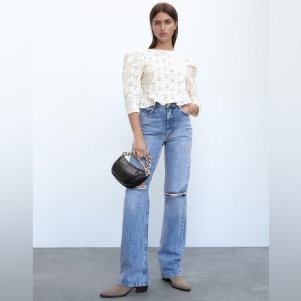 Small Zara Ivory Cream Eyelet Lace Blouse Embroidery Ruffle Puff Sleeve Romantic